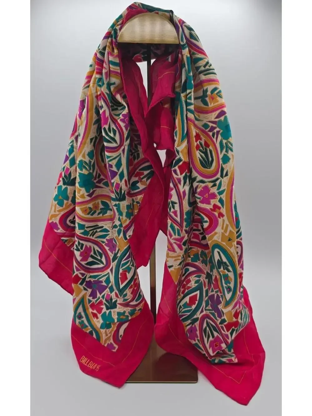 Vintage Bill Blass Colorful Kalamkari Print Paisley Floral Silk Scarf